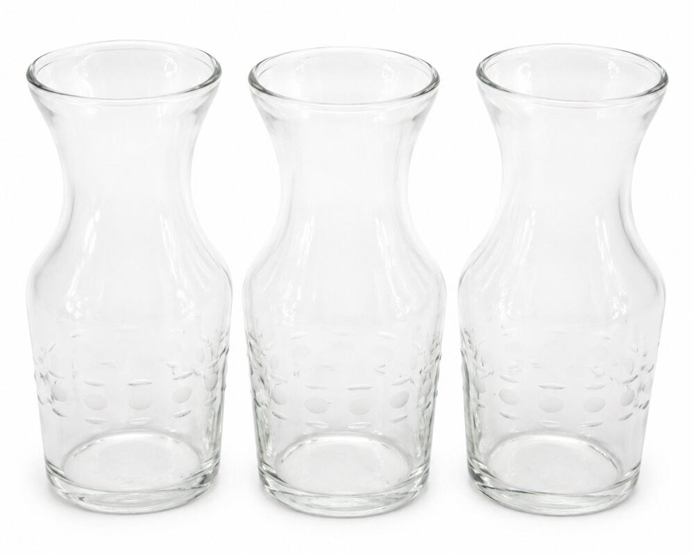 Vintage Clear Glass Juice Carafes Set of 3 Etched Dot Breakfast Bottles 7 Inch